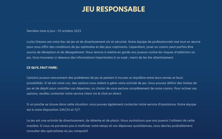 Lucky Dreams Casino jeu responsable